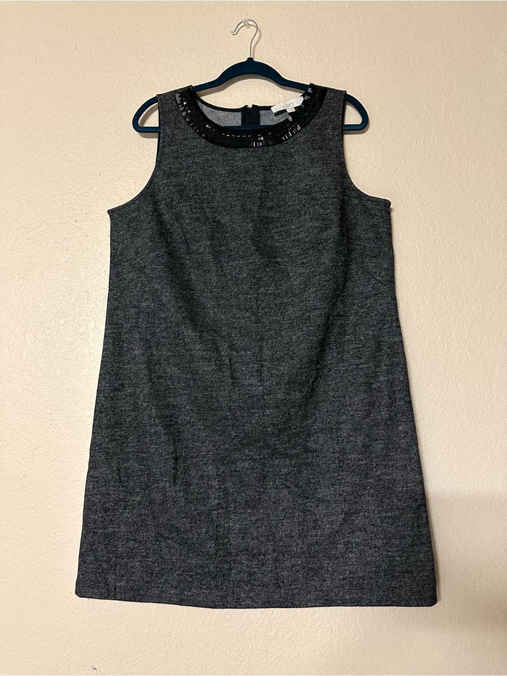 LOFT Charcoal Gray Sleeveless Beaded Neck Sheath Top